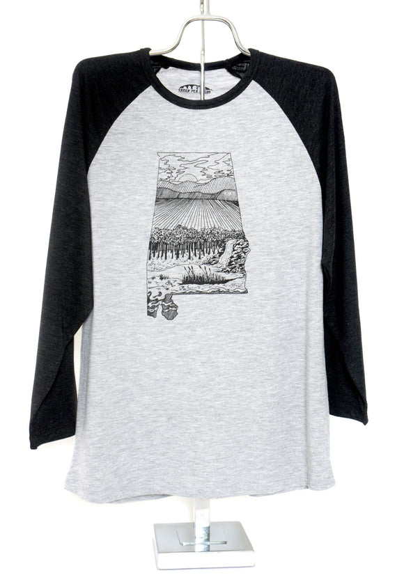 Alabama Landscape Baseball T-Shirt Adult Grey with Black Sleeves